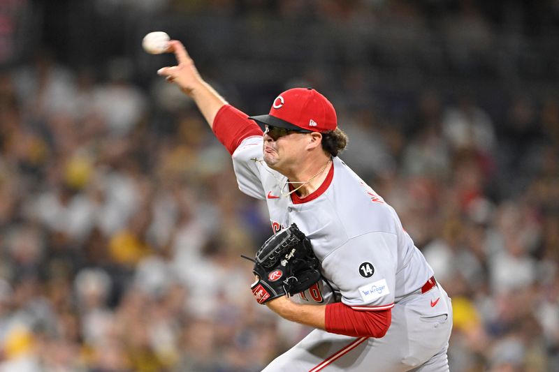 Sep 9, 2025; San Diego, California, USA; Cincinnati Reds relief pitcher Zach Maxwell (78) delivers during the seventh inning against the San Diego Padres at Petco Park. Mandatory Credit: Denis Poroy-Imagn Images