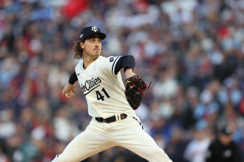 Oct 11, 2023; Minneapolis, Minnesota, USA; Minnesota Twins starting pitcher Joe Ryan (41) throws a pitch in the first inning against the Houston Astros during game four of the ALDS for the 2023 MLB playoffs at Target Field. Mandatory Credit: Jesse Johnson-USA TODAY Sports