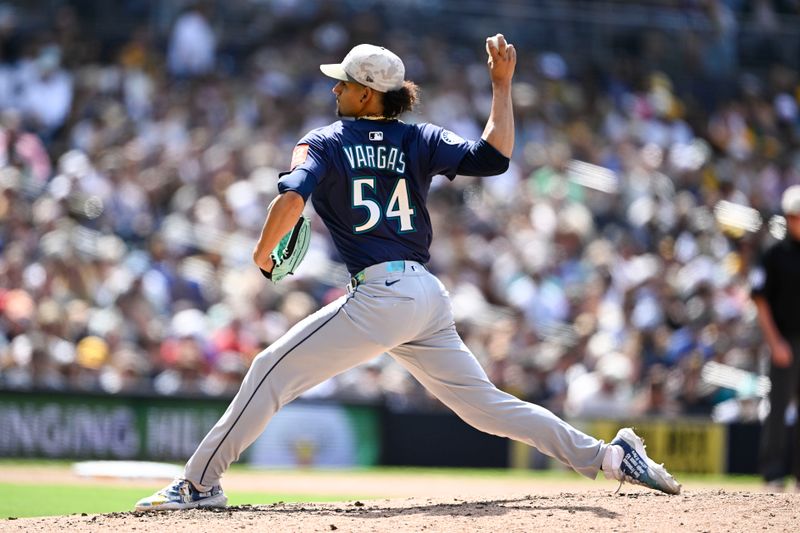 May 18, 2025; San Diego, California, USA; Seattle Mariners relief pitcher Carlos Vargas (54) delivers during the eighth inning against the San Diego Padres at Petco Park. Mandatory Credit: Denis Poroy-Imagn Images