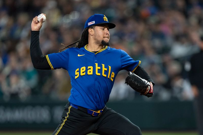 Jun 14, 2024; Seattle, Washington, USA;  Seattle Mariners starter Luis Castillo (58) delivers a pitch during the first inning against the Texas Rangers at T-Mobile Park. Mandatory Credit: Stephen Brashear-USA TODAY Sports