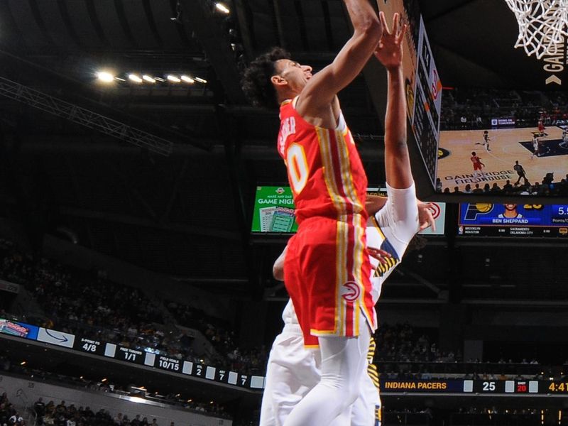 INDIANAPOLIS, IN - FEBRUARY 1: Zaccharie Risacher #10 of the Atlanta Hawks drives to the basket during the game against the Indiana Pacers on February 1, 2025 at Gainbridge Fieldhouse in Indianapolis, Indiana. NOTE TO USER: User expressly acknowledges and agrees that, by downloading and or using this Photograph, user is consenting to the terms and conditions of the Getty Images License Agreement. Mandatory Copyright Notice: Copyright 2025 NBAE (Photo by Ron Hoskins/NBAE via Getty Images)