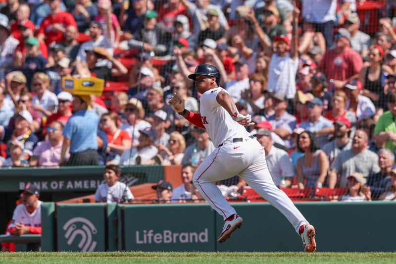 Jun 5, 2024; Boston, Massachusetts, USA; Boston Red Sox third baseman Rafael Devers (11) hits a two run home run during the seventh inning against the Atlanta Braves at Fenway Park. Mandatory Credit: Paul Rutherford-USA TODAY Sports