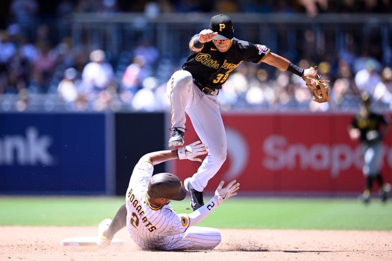 Jul 26, 2023; San Diego, California, USA; Pittsburgh Pirates second baseman Nick Gonzales (39) leaps over San Diego Padres shortstop Xander Bogaerts (2) after completing a double play during the sixth inning at Petco Park. Mandatory Credit: Orlando Ramirez-USA TODAY Sports