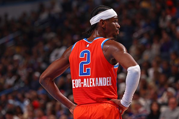 OKLAHOMA CITY, OK - DECEMBER 23: Shai Gilgeous-Alexander #2 of the Oklahoma City Thunder looks on during the game against the Los Angeles Lakers on December 23, 2023 at Paycom Arena in Oklahoma City, Oklahoma. NOTE TO USER: User expressly acknowledges and agrees that, by downloading and or using this photograph, User is consenting to the terms and conditions of the Getty Images License Agreement. Mandatory Copyright Notice: Copyright 2023 NBAE (Photo by Zach Beeker/NBAE via Getty Images)