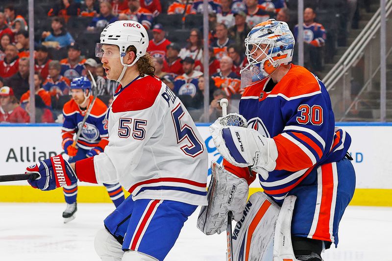 Mar 19, 2024; Edmonton, Alberta, CAN; Montreal Canadiens forward Michael Pezzetta (55) tries to screen Edmonton Oilers goaltender Calvin Pickard (30) during the second period at Rogers Place. Mandatory Credit: Perry Nelson-USA TODAY Sports