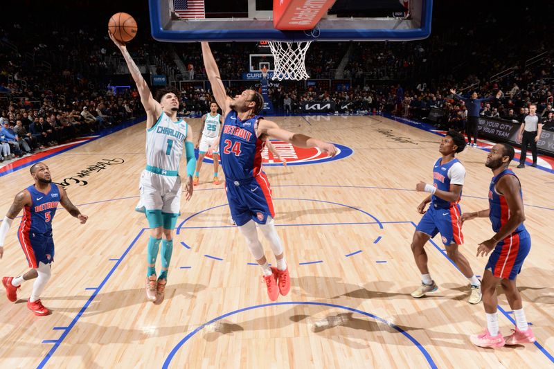 DETROIT, MI - JANUARY 24: LaMelo Ball #1 of the Charlotte Hornets drives to the basket during the game against the Detroit Pistons  on January 24, 2024 at Little Caesars Arena in Detroit, Michigan. NOTE TO USER: User expressly acknowledges and agrees that, by downloading and/or using this photograph, User is consenting to the terms and conditions of the Getty Images License Agreement. Mandatory Copyright Notice: Copyright 2024 NBAE (Photo by Chris Schwegler/NBAE via Getty Images)