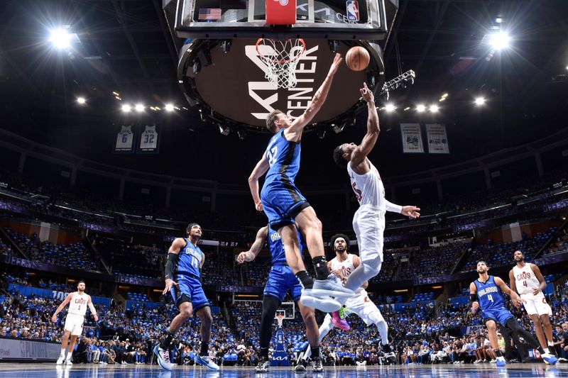 ORLANDO, FL - APRIL 27: Franz Wagner #22 of the Orlando Magic blocks the basket during the game against the Orlando Magic during Round 1 Game 4 of the 2024 NBA Playoffs on April 27, 2024 at the Kia Center in Orlando, Florida. NOTE TO USER: User expressly acknowledges and agrees that, by downloading and or using this photograph, User is consenting to the terms and conditions of the Getty Images License Agreement. Mandatory Copyright Notice: Copyright 2024 NBAE (Photo by Fernando Medina/NBAE via Getty Images)