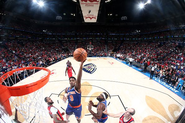 NEW ORLEANS, LA - OCTOBER 28: RJ Barrett #9 of the New York Knicks shoots the ball during the game against the New Orleans Pelicans on October 28, 2023 at the Smoothie King Center in New Orleans, Louisiana. NOTE TO USER: User expressly acknowledges and agrees that, by downloading and or using this Photograph, user is consenting to the terms and conditions of the Getty Images License Agreement. Mandatory Copyright Notice: Copyright 2023 NBAE (Photo by Layne Murdoch Jr./NBAE via Getty Images)