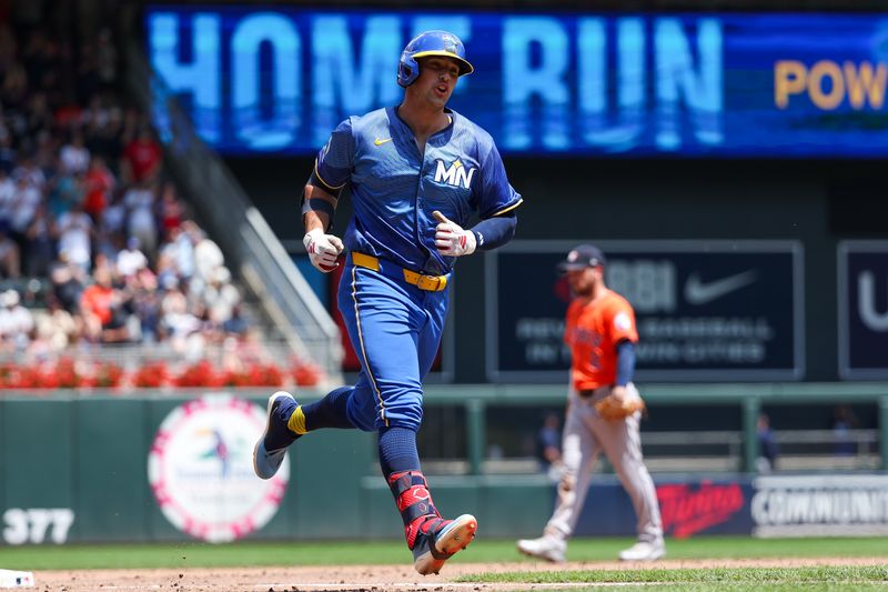 Jul 6, 2024; Minneapolis, Minnesota, USA; Minnesota Twins designated hitter Brooks Lee (72) runs the bases after hitting his first career home run against the Houston Astros during the third inning at Target Field. Mandatory Credit: Matt Krohn-USA TODAY Sports