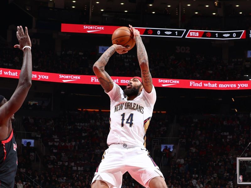 TORONTO, CANADA - FEBRUARY 23: Brandon Ingram #14 of the New Orleans Pelicans shoots the ball against the Toronto Raptors on February 23, 2023 at the Scotiabank Arena in Toronto, Ontario, Canada.  NOTE TO USER: User expressly acknowledges and agrees that, by downloading and or using this Photograph, user is consenting to the terms and conditions of the Getty Images License Agreement.  Mandatory Copyright Notice: Copyright 2023 NBAE (Photo by Vaughn Ridley/NBAE via Getty Images)