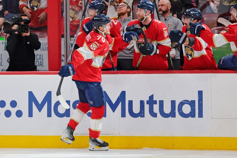 May 24, 2025; Sunrise, Florida, USA; Florida Panthers center Jesper Boqvist (70) celebrates after a goal during the third period against the Carolina Hurricanes in game three of the Eastern Conference Final of the 2025 Stanley Cup Playoffs at Amerant Bank Arena. Mandatory Credit: Sam Navarro-Imagn Images