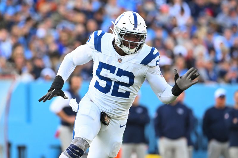 Indianapolis Colts defensive end Samson Ebukam (52) defends against Tennessee Titans during an NFL football game, Monday, Dec. 4, 2023, in Nashville, Tenn. (AP Photo/John Amis)