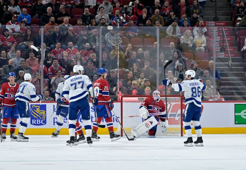 Nov 7, 2023; Montreal, Quebec, CAN; Tampa Bay Lightning celebrates their second goal against the Montreal Canadiens during the first period at the Bell Centre. Mandatory Credit: Eric Bolte-USA TODAY Sports