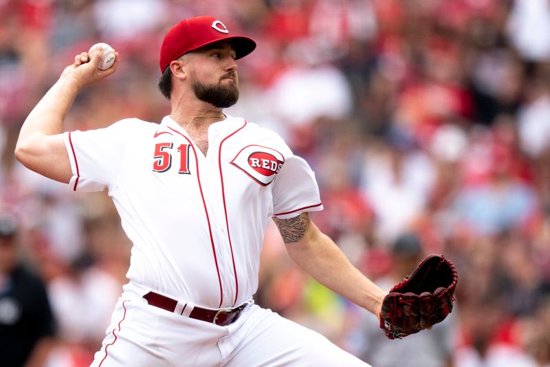 Aug 9, 2023; Cincinnati, OH, USA; Cincinnati Reds starting pitcher Graham Ashcraft (51) delivers a pitch in the second inning of the MLB baseball game between Cincinnati Reds and Miami Marlins at Great American Ball Park in Cincinnati on Wednesday, Aug. 9, 2023.  Mandatory Credit: Albert Cesare-USA TODAY Sports