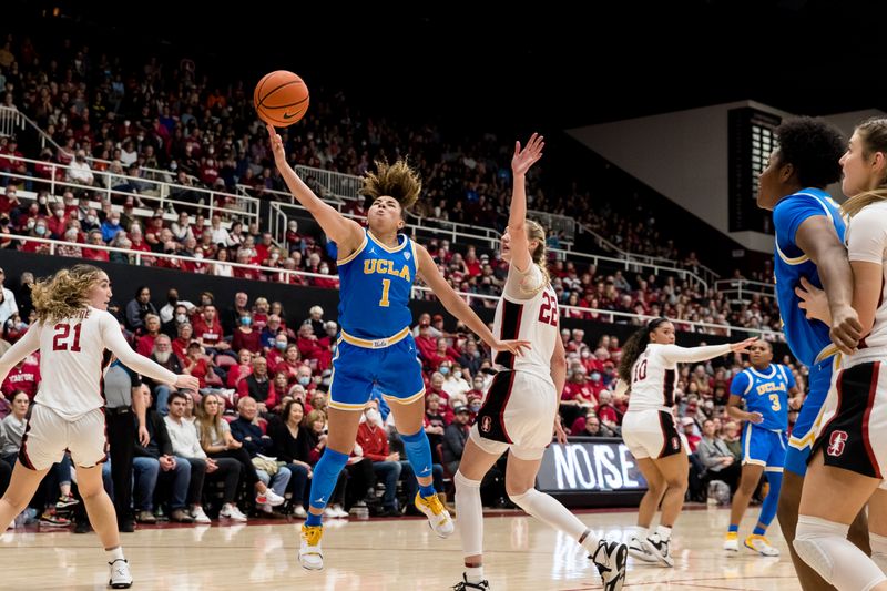 Feb 20, 2023; Stanford, California, USA;  UCLA Bruins guard Kiki Rice (1) shoots in front of Stanford Cardinal forward Cameron Brink (22) during the second half at Maples Pavilion. Mandatory Credit: John Hefti-USA TODAY Sports
