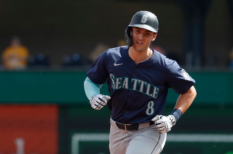 Aug 18, 2024; Pittsburgh, Pennsylvania, USA;  Seattle Mariners right fielder Dominic Canzone (8) circles the bases on a solo home run against the Pittsburgh Pirates during the fifth inning at PNC Park. Mandatory Credit: Charles LeClaire-USA TODAY Sports