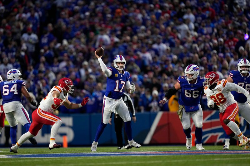 Buffalo Bills quarterback Josh Allen (17) throws during the first half of an NFL football game against the Kansas City Chiefs Sunday, Nov. 17, 2024, in Orchard Park, N.Y. (AP Photo/Julia Demaree Nikhinson)