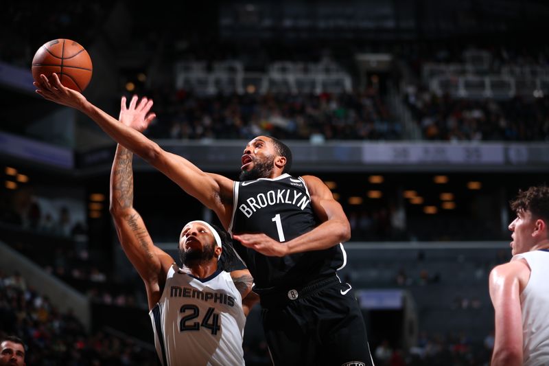 BROOKLYN, NY - MARCH 4: Mikal Bridges #1 of the Brooklyn Nets drives to the basket during the game against the Memphis Grizzlies on March 4, 2024 at Barclays Center in Brooklyn, New York. NOTE TO USER: User expressly acknowledges and agrees that, by downloading and or using this Photograph, user is consenting to the terms and conditions of the Getty Images License Agreement. Mandatory Copyright Notice: Copyright 2024 NBAE (Photo by David L. Nemec/NBAE via Getty Images)