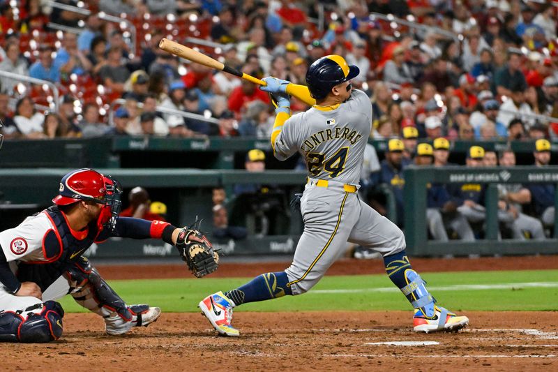 Aug 21, 2024; St. Louis, Missouri, USA;  Milwaukee Brewers catcher William Contreras (24) hits a one run double against the St. Louis Cardinals during the sixth inning at Busch Stadium. Mandatory Credit: Jeff Curry-USA TODAY Sports