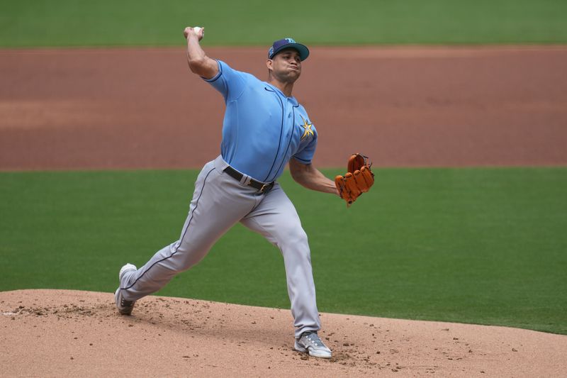 Jun 18, 2023; San Diego, California, USA;  Tampa Bay Rays relief pitcher Yonny Chirinos (72) throws a pitch against the San Diego Padres during the first inning at Petco Park. Mandatory Credit: Ray Acevedo-USA TODAY Sports