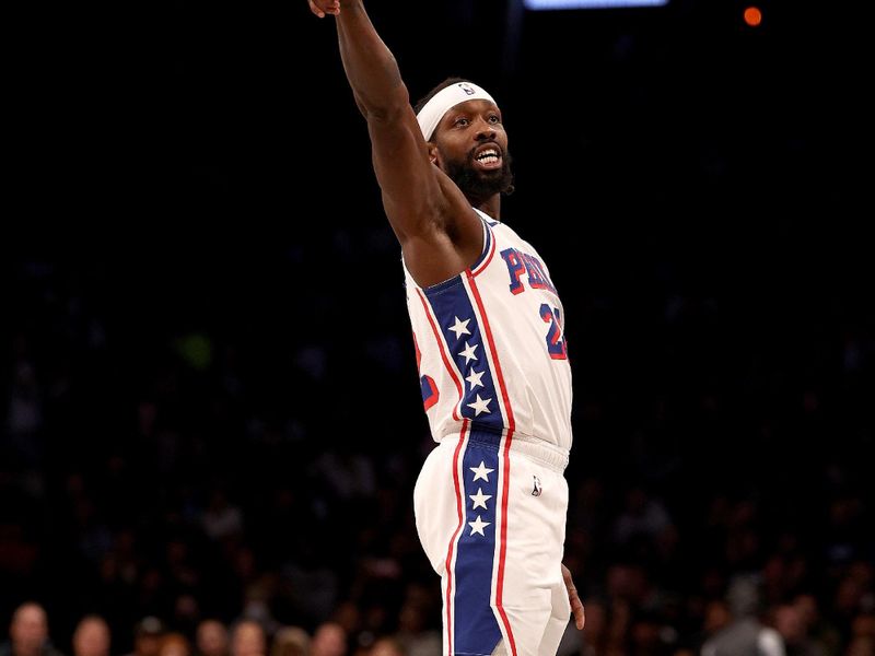 NEW YORK, NEW YORK - NOVEMBER 19:  Patrick Beverley #22 of the Philadelphia 76ers watches his shot in the second half against the Brooklyn Nets at Barclays Center on November 19, 2023 in the Brooklyn borough of New York City. The Philadelphia 76ers defeated the Brooklyn Nets 121-99. NOTE TO USER: User expressly acknowledges and agrees that, by downloading and or using this photograph, User is consenting to the terms and conditions of the Getty Images License Agreement. (Photo by Elsa/Getty Images)