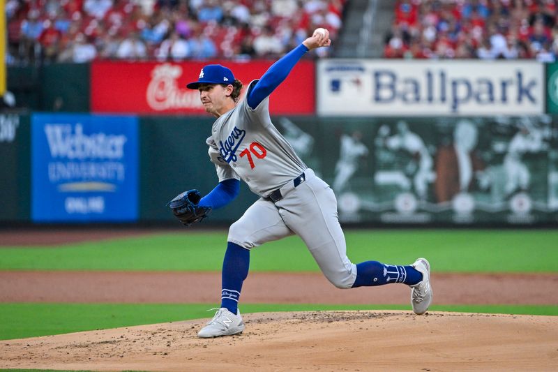 Aug 16, 2024; St. Louis, Missouri, USA;  Los Angeles Dodgers starting pitcher Justin Wrobleski (70) pitches against the St. Louis Cardinals during the first inning at Busch Stadium. Mandatory Credit: Jeff Curry-USA TODAY Sports