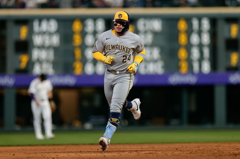 Apr 9, 2025; Denver, Colorado, USA; Milwaukee Brewers catcher William Contreras (24) rounds the bases on a two run home run in the third inning against the Colorado Rockies at Coors Field. Mandatory Credit: Isaiah J. Downing-Imagn Images