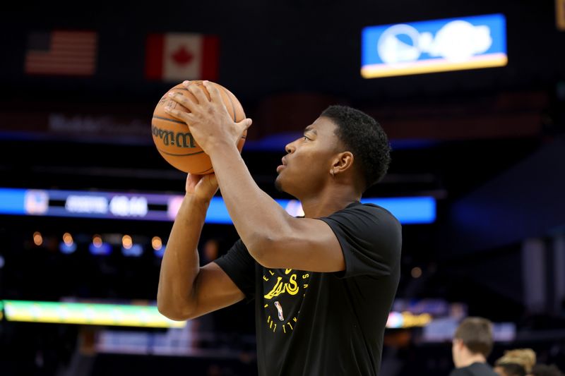 SAN FRANCISCO, CALIFORNIA - OCTOBER 18: Rui Hachimura #28 of the Los Angeles Lakers warms up before their preseason game tate Warriors at Chase Center on October 18, 2024 in San Francisco, California.  NOTE TO USER: User expressly acknowledges and agrees that, by downloading and/or using this photograph, user is consenting to the terms and conditions of the Getty Images License Agreement.  (Photo by Ezra Shaw/Getty Images)