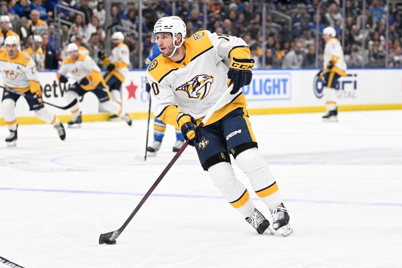 Feb 17, 2024; St. Louis, Missouri, USA; Nashville Predators center Colton Sissons (10) skates against the St. Louis Blues during the first period at Enterprise Center. Mandatory Credit: Jeff Le-USA TODAY Sports