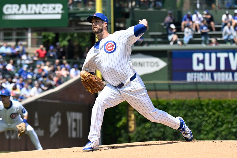May 31, 2025; Chicago, Illinois, USA;  Chicago Cubs pitcher Drew Pomeranz (45) delivers against the Cincinnati Reds during the first inning at Wrigley Field. Mandatory Credit: Matt Marton-Imagn Images