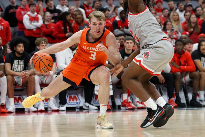 Jan 30, 2024; Columbus, Ohio, USA; Illinois Fighting Illini forward Marcus Domask (3) controls the ball as Ohio State Buckeyes guard Bruce Thornton (2) defends during the first half at Value City Arena. Mandatory Credit: Joseph Maiorana-USA TODAY Sports