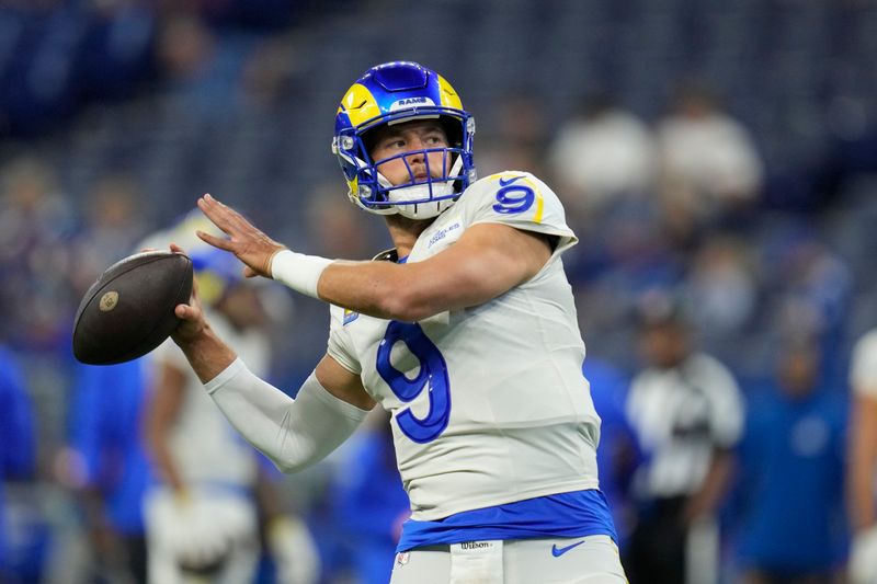 Los Angeles Rams quarterback Matthew Stafford before an NFL football game against the Indianapolis Colts, Sunday, Oct. 1, 2023, in Indianapolis. (AP Photo/Michael Conroy)