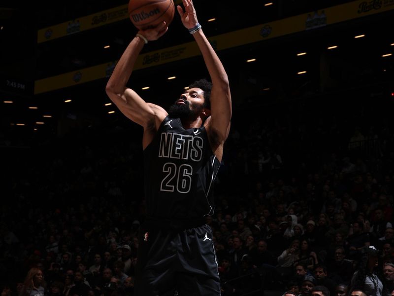 BROOKLYN, NY - JANUARY 15: Spencer Dinwiddie #26 of the Brooklyn Nets shoots the ball during the game against the Miami Heat on January 15, 2024 at Barclays Center in Brooklyn, New York. NOTE TO USER: User expressly acknowledges and agrees that, by downloading and or using this Photograph, user is consenting to the terms and conditions of the Getty Images License Agreement. Mandatory Copyright Notice: Copyright 2024 NBAE (Photo by Nathaniel S. Butler/NBAE via Getty Images)