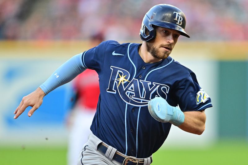 Sep 1, 2023; Cleveland, Ohio, USA; Tampa Bay Rays second baseman Brandon Lowe (8) rounds third base en route to scoring during the first inning against the Cleveland Guardians at Progressive Field. Mandatory Credit: Ken Blaze-USA TODAY Sports