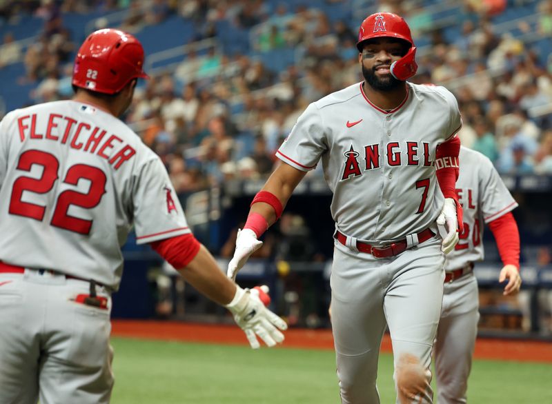 Sep 21, 2023; St. Petersburg, Florida, USA; Los Angeles Angels right fielder Jo Adell (7) is congratulated by shortstop David Fletcher (22) after hitting a two-run home run during the sixth inning against the Tampa Bay Rays at Tropicana Field. Mandatory Credit: Kim Klement Neitzel-USA TODAY Sports