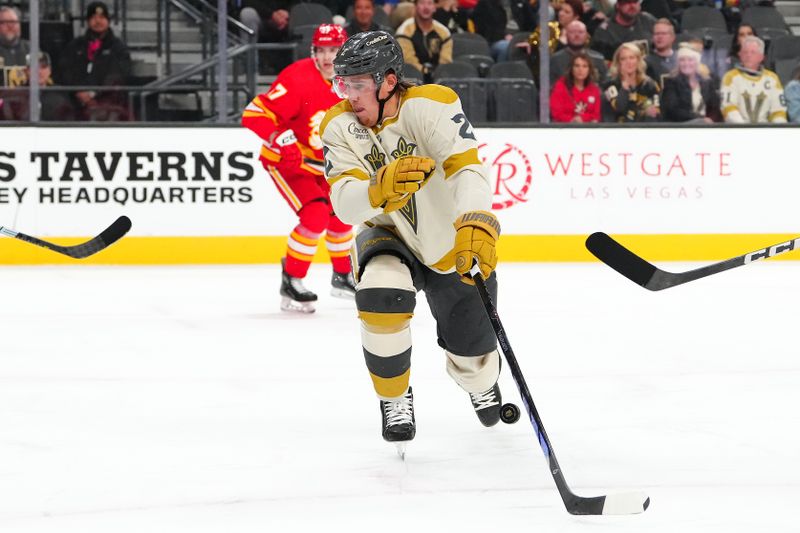 Jan 13, 2024; Las Vegas, Nevada, USA; Vegas Golden Knights defenseman Zach Whitecloud (2) blocks a shot by the Calgary Flames during the first period at T-Mobile Arena. Mandatory Credit: Stephen R. Sylvanie-USA TODAY Sports