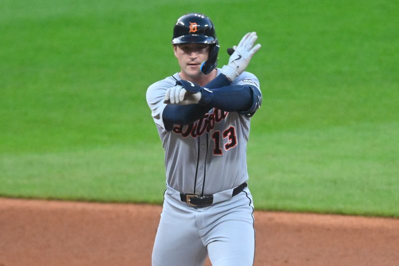 Sep 25, 2025; Cleveland, Ohio, USA; Detroit Tigers catcher Dillon Dingler (13) celebrates his double in the second inning against the Cleveland Guardians at Progressive Field. Mandatory Credit: David Richard-Imagn Images