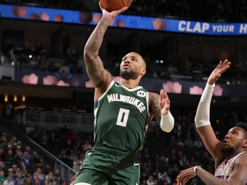 MILWAUKEE, WI - FEBRUARY 9: Damian Lillard #0 of the Milwaukee Bucks shoots the ball during the game against the Philadelphia 76ers on February 9, 2025 at Fiserv Forum Center in Milwaukee, Wisconsin. NOTE TO USER: User expressly acknowledges and agrees that, by downloading and or using this Photograph, user is consenting to the terms and conditions of the Getty Images License Agreement. Mandatory Copyright Notice: Copyright 2025 NBAE(Photo by Gary Dineen/NBAE via Getty Images).