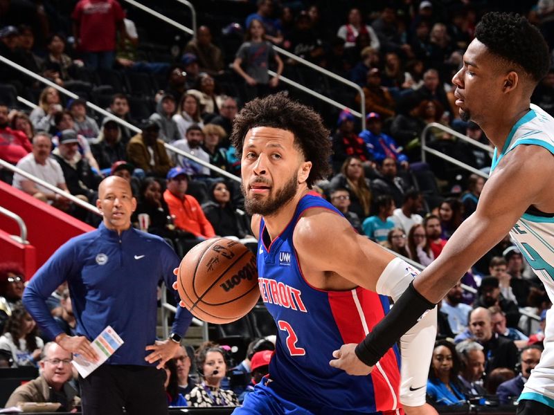 DETROIT, MI - MARCH 11: Cade Cunningham #2 of the Detroit Pistons dribbles the ball during the game against the Charlotte Hornets on March 11, 2024 at Little Caesars Arena in Detroit, Michigan. NOTE TO USER: User expressly acknowledges and agrees that, by downloading and/or using this photograph, User is consenting to the terms and conditions of the Getty Images License Agreement. Mandatory Copyright Notice: Copyright 2024 NBAE (Photo by Chris Schwegler/NBAE via Getty Images)