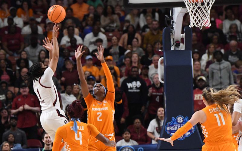 Mar 5, 2023; Greenville, SC, USA; South Carolina guard Zia Cooke (1) shoots over Tennessee forward Rickea Jackson (2) during the first quarter of the SEC Women's Basketball Tournament at Bon Secours Wellness Arena. Mandatory Credit: Ken Ruinard-USA TODAY Sports