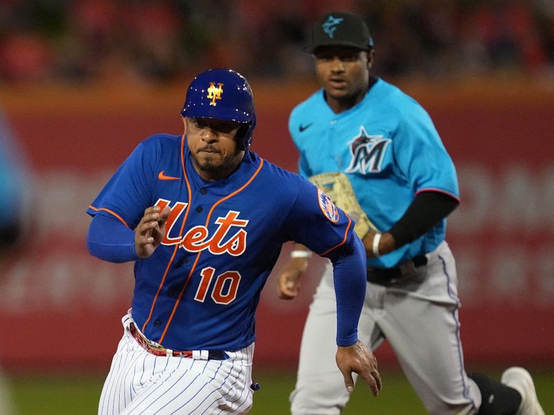 Feb 25, 2023; Port St. Lucie, Florida, USA;  New York Mets third baseman Eduardo Escobar (10) runs to third base in the second inning against the Miami Marlins at Clover Park. Mandatory Credit: Jim Rassol-USA TODAY Sports