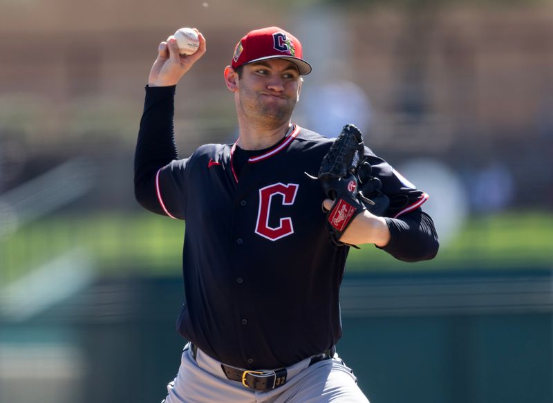 Feb 24, 2026; Phoenix, Arizona, USA; Cleveland Guardians pitcher Gavin Williams against the Los Angeles Dodgers during a spring training game at Camelback Ranch-Glendale. Mandatory Credit: Mark J. Rebilas-Imagn Images