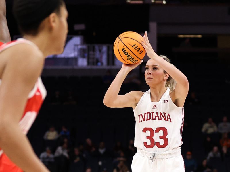 Mar 4, 2023; Minneapolis, MINN, USA; Indiana Hoosiers guard Sydney Parrish (33) shoots against the Ohio State Buckeyes during the second half at Target Center. Mandatory Credit: Matt Krohn-USA TODAY Sports