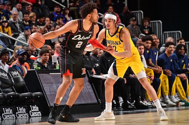 DETROIT, MI - MARCH 20: Cade Cunningham #2 of the Detroit Pistons handles the ball during the game against the Indiana Pacers on March 20, 2024 at Little Caesars Arena in Detroit, Michigan. NOTE TO USER: User expressly acknowledges and agrees that, by downloading and/or using this photograph, User is consenting to the terms and conditions of the Getty Images License Agreement. Mandatory Copyright Notice: Copyright 2024 NBAE (Photo by Chris Schwegler/NBAE via Getty Images)