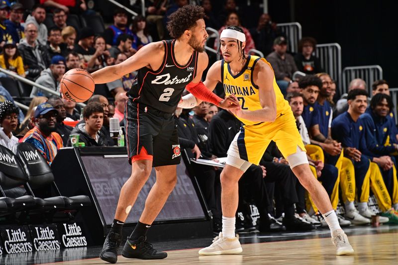 DETROIT, MI - MARCH 20: Cade Cunningham #2 of the Detroit Pistons handles the ball during the game against the Indiana Pacers on March 20, 2024 at Little Caesars Arena in Detroit, Michigan. NOTE TO USER: User expressly acknowledges and agrees that, by downloading and/or using this photograph, User is consenting to the terms and conditions of the Getty Images License Agreement. Mandatory Copyright Notice: Copyright 2024 NBAE (Photo by Chris Schwegler/NBAE via Getty Images)