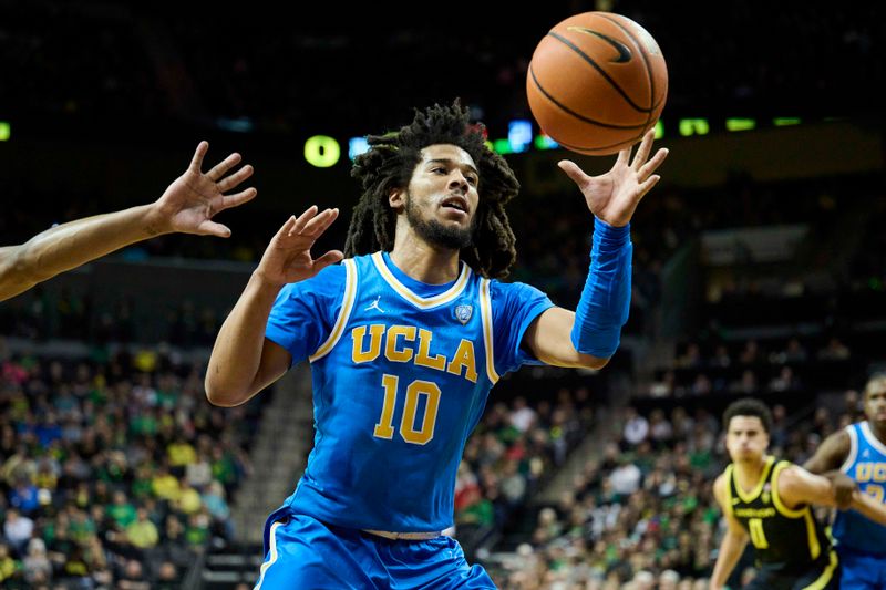 Feb 11, 2023; Eugene, Oregon, USA; UCLA Bruins guard Tyger Campbell (10) catches in inbound pass during the first half against Oregon Ducks at Matthew Knight Arena. Mandatory Credit: Troy Wayrynen-USA TODAY Sports