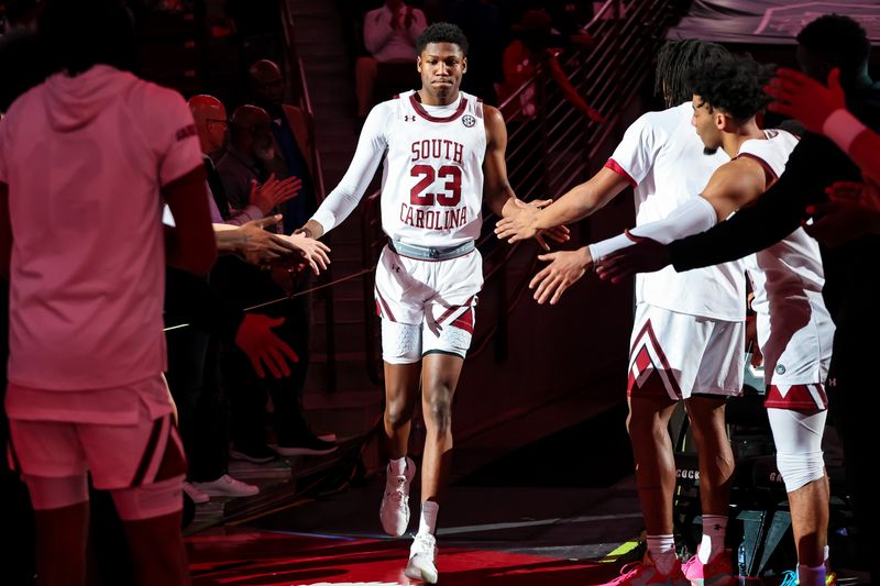 Feb 4, 2023; Columbia, South Carolina, USA; South Carolina Gamecocks forward Gregory Jackson II (23) is introduced before the game against the Arkansas Razorbacks at Colonial Life Arena. Mandatory Credit: Jeff Blake-USA TODAY Sports