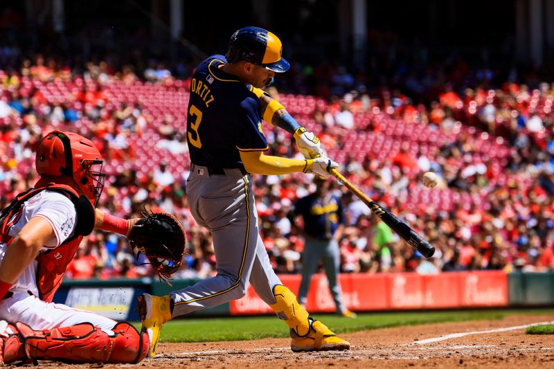 Sep 1, 2024; Cincinnati, Ohio, USA; Milwaukee Brewers third baseman Joey Ortiz (3) hits a single in the third inning against the Cincinnati Reds at Great American Ball Park. Mandatory Credit: Katie Stratman-USA TODAY Sports