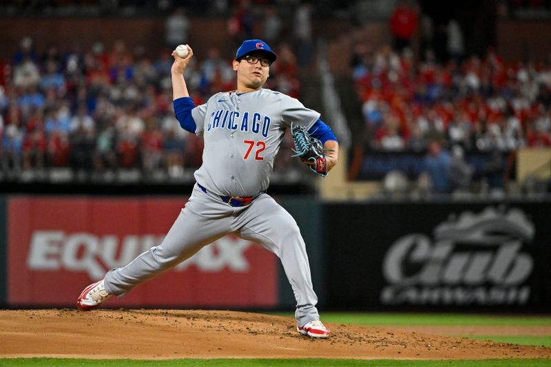 May 26, 2024; St. Louis, Missouri, USA;  Chicago Cubs starting pitcher Javier Assad (72) pitches against the St. Louis Cardinals during the first inning at Busch Stadium. Mandatory Credit: Jeff Curry-USA TODAY Sports