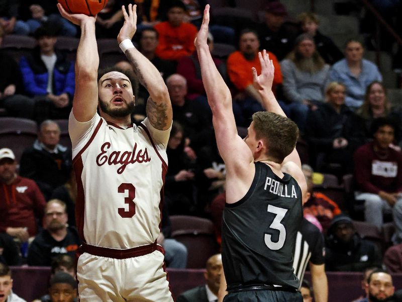 Jan 23, 2024; Blacksburg, Virginia, USA; Boston College Eagles guard Jaeden Zackery (3) shoots the ball against Virginia Tech Hokies guard Sean Pedulla (3) during the first half at Cassell Coliseum. Mandatory Credit: Peter Casey-USA TODAY Sports